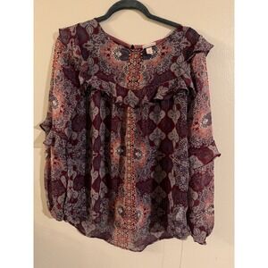 Knox Rose Women Paisley Ruffle Long Sleeve Blouse Size M